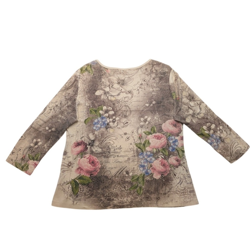 Vintage Christopher & Banks Floral Script Top Women L Beige 3/4 Sleeve Studded - Picture 2 of 9